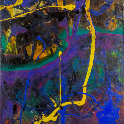 'Lights in Your Veins' - Cuadro abstracto azul y violeta con acentos amarillos