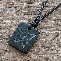 Black Jade Butterfly Pendant Necklace from Guatemala,'Mayan Butterfly'