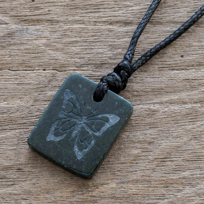 Jade pendant necklace, 'Mayan Butterfly' - Black Jade Butterfly Pendant Necklace from Guatemala