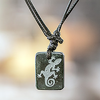 Jade pendant necklace, 'Mayan Gecko' - Black Jade Lizard Pendant Necklace from Guatemala