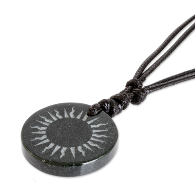 Jade pendant necklace, 'Mayan Sunlight' - Black Jade Sun Pendant Necklace from Guatemala