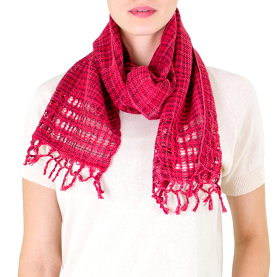 Cotton scarf, 'Loving Hold in Red' - Handwoven Cotton Scarf in Wine and Rose from Nicaragua