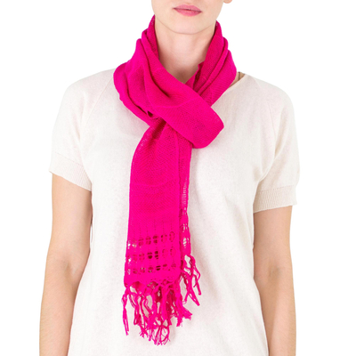 Cotton scarf, 'Sweet Femininity in Cerise' - Handwoven Fringed Cotton Scarf in Cerise from NIcaragua