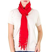 Cotton scarf, 'Sweet Femininity in Strawberry' - Handwoven Cotton Scarf in Strawberry from Nicaragua