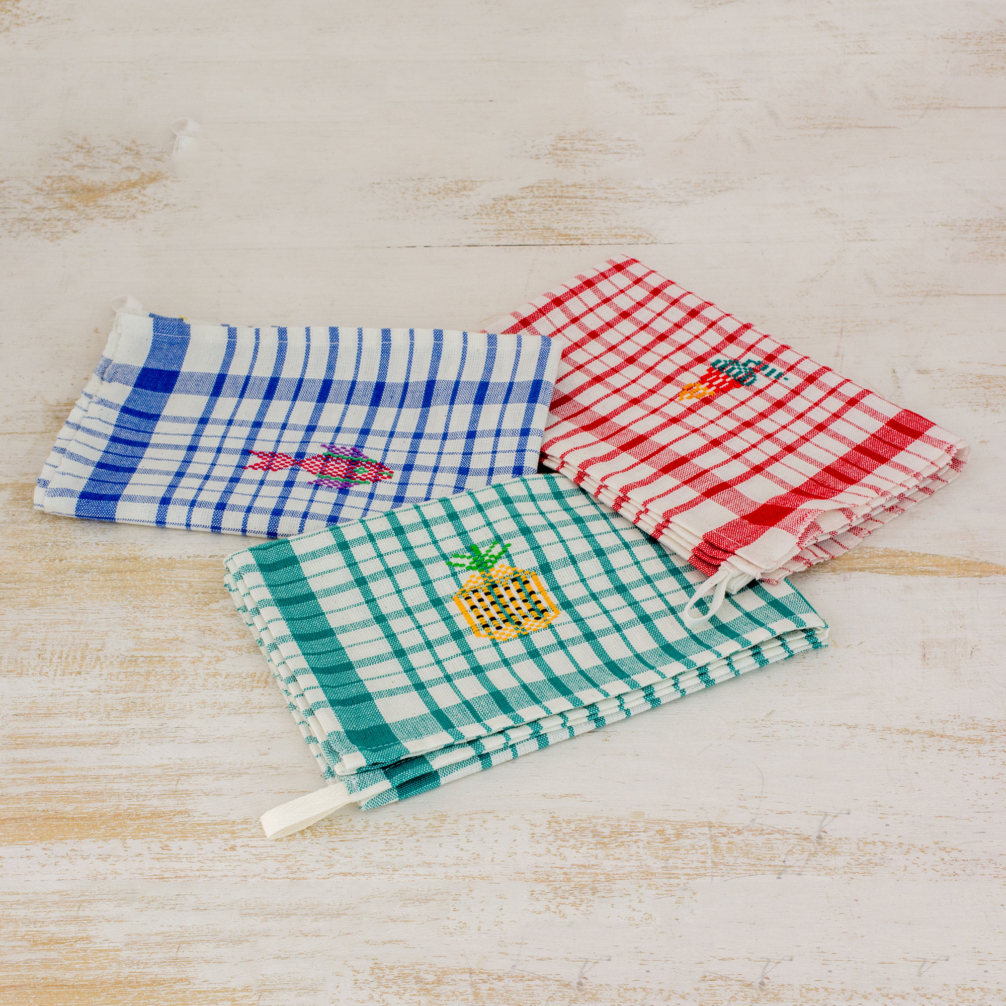 Two Handwoven Guatemalan White and Green Cotton Dish Towels - Forest Colors