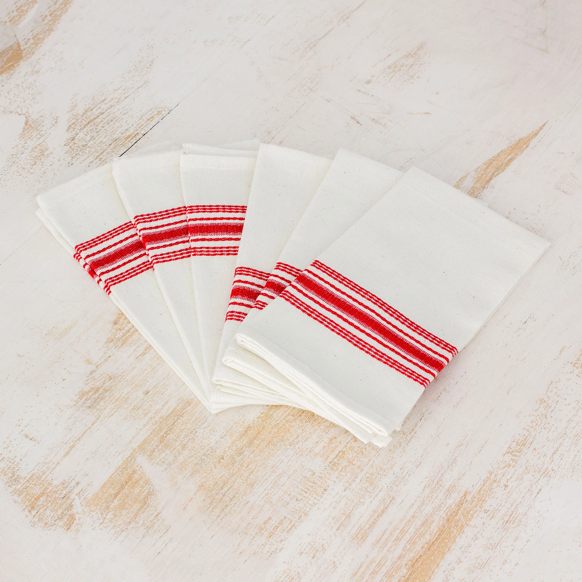 Red and White Striped Cotton Napkins (Set of 6) Peaceful Lines NOVICA