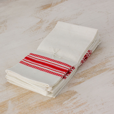 Cotton napkins, 'Peaceful Lines' (set of 6) - Red and White Striped Cotton Napkins (Set of 6)