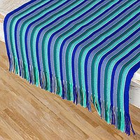 Cotton table runner, 'Ocean Memory' - Blue and Green Striped 100% Cotton Table Runner