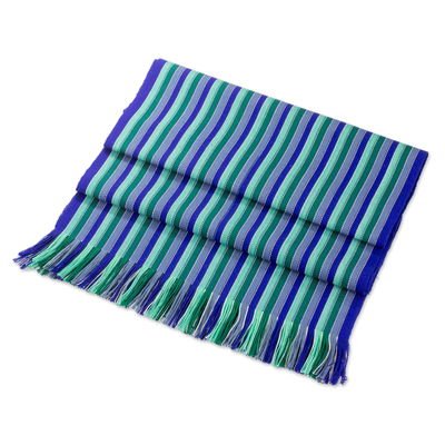 Cotton table runner, 'Ocean Memory' - Blue and Green Striped 100% Cotton Table Runner