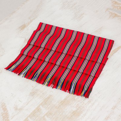 Cotton table runner, 'Latin Festival' - Red Striped 100% Cotton Table Runner from Guatemala