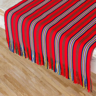 Cotton table runner, 'Latin Festival' - Red Striped 100% Cotton Table Runner from Guatemala