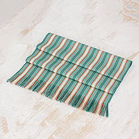 Cotton table runner, 'Forest Path' - Green Striped Cotton Table Runner from Guatemala