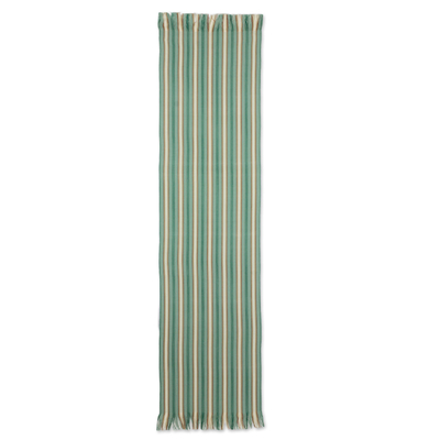 Cotton table runner, 'Forest Path' - Green Striped Cotton Table Runner from Guatemala