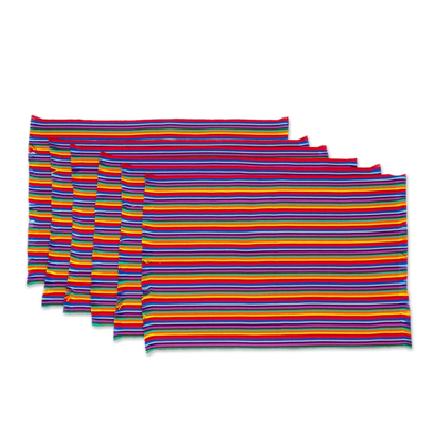 Manteles individuales de algodón, 'Rainbow Inspiration' (juego de 6) - Seis manteles individuales de algodón a rayas multicolores de Guatemala