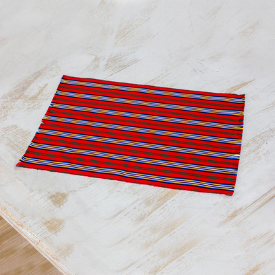Cotton placemats, 'Palopó Trails' (set of 6) - Six Striped Cotton Placemats in Crimson from Guatemala