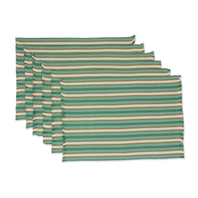 Cotton placemats, 'Celadon Trails' (set of 6) - Six Striped Cotton Placemats in Celadon from Guatemala