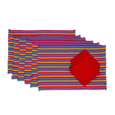 Manteles y servilletas de algodón, 'Rainbow Inspiration' (set de 6) - Set de 6 Manteles y servilletas de algodón a rayas multicolor