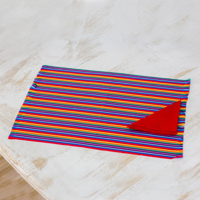 Cotton placemats and napkins, 'Rainbow Inspiration' (set of 6) - Set of 6 Multicolored Striped Cotton Placemats and Napkins