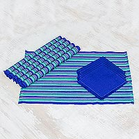 Tischsets und Servietten aus Baumwolle, „Colors of the Sea“ (6er-Set) – Set mit 6 Tischsets und Servietten aus Baumwolle in Blau aus Guatemala