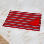 Cotton placemats and napkins, 'Palopó Trails' (set of 6) - Set of 6 Striped Cotton Placemats and Napkins in Crimson