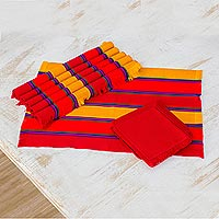 Manteles y servilletas de algodón, 'Country Sunset' (set de 6) - Set de 6 Manteles y servilletas de algodón a rayas de Guatemala