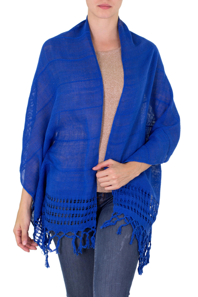 Cotton shawl, 'Royal Blue Dream' - Handwoven Fringed Cotton Shawl in Royal from Nicaragua