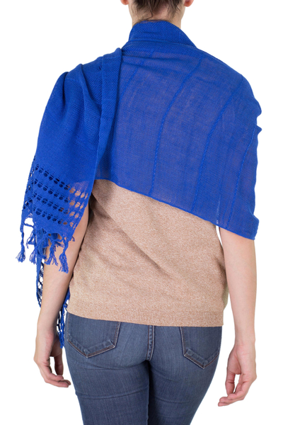Cotton shawl, 'Royal Blue Dream' - Handwoven Fringed Cotton Shawl in Royal from Nicaragua