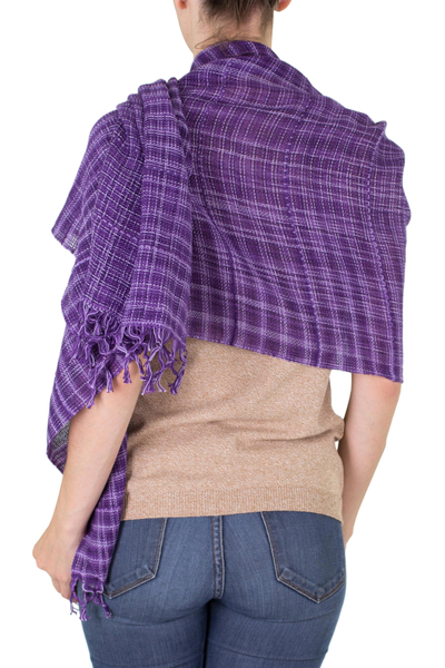 Cotton shawl, 'Embraced by Love in Purple' - Handwoven Fringed Cotton Shawl in Purple from Nicaragua