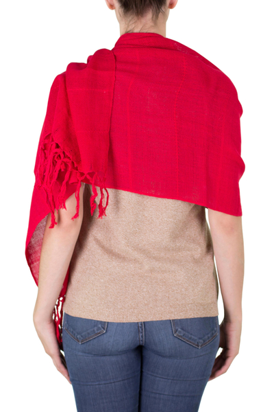 Cotton shawl, 'Strawberry Embrace' - Handwoven Fringed Cotton Shawl in Strawberry from Nicaragua