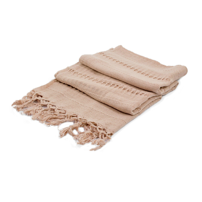 Cotton shawl, 'Shaded Beauty in Champagne' - Handwoven Fringed Cotton Shawl in Champagne from Nicaragua