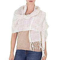 Cotton shawl, 'Beige Embrace' - Handwoven Fringed Cotton Shawl in Beige from Nicaragua