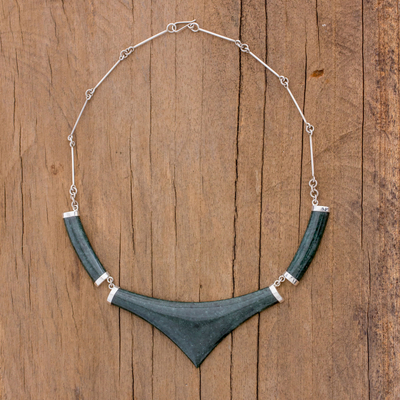 Jade statement necklace, 'Mayan Elite' - Pointed 925 Silver Jade Statement Necklace from Guatemala