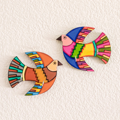 Wood key racks, 'Colorful Guardians' (pair) - Pair of Hand-Painted Wood Bird Key Racks from El Salvador