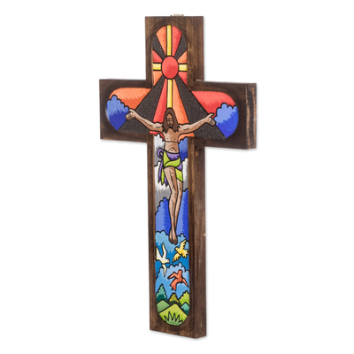 Holzwandkreuz 'Pracht Jesu' - Handgefertigtes religiöses Wandkreuz aus Holz aus El Salvador