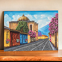 'School of Christ Church Barrio' - Pintura firmada de una calle guatemalteca en colores joya