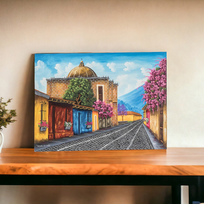 'Escuela de la Iglesia de Cristo Barrio' - Pintura firmada de una calle guatemalteca en colores joya