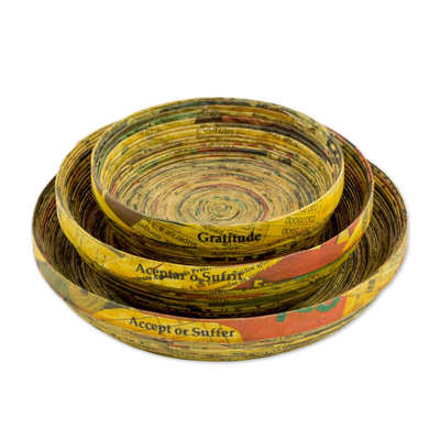 Recycled paper decorative bowls, 'Words of Gratitude' (set of 3) - Three Recycled Paper Decorative Bowls from Guatemala