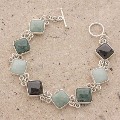 Jade link bracelet, 'Studded Path' - Jade and Sterling Silver Link Bracelet from Guatemala