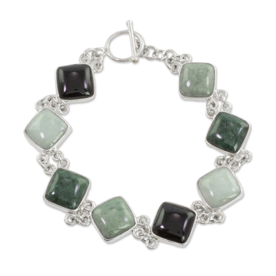 Jade link bracelet, 'Studded Path' - Jade and Sterling Silver Link Bracelet from Guatemala