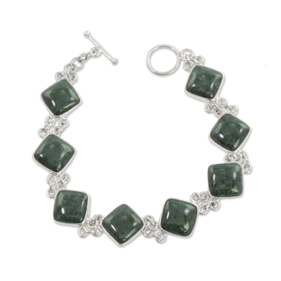 Jade link bracelet, 'Studded Path in Green' - Green Jade and Sterling Silver Bracelet from Guatemala