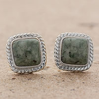 Jade stud earrings, 'Love Lassos in Green' - Jade and Sterling Silver Rope Motif Earrings from Guatemala
