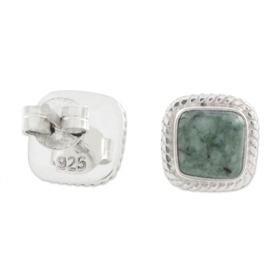 Jade stud earrings, 'Love Lassos in Green' - Jade and Sterling Silver Rope Motif Earrings from Guatemala