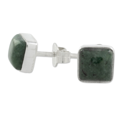 Jade stud earrings, 'Mayan Hope' - Jade and Sterling Silver Square Earrings from Guatemala