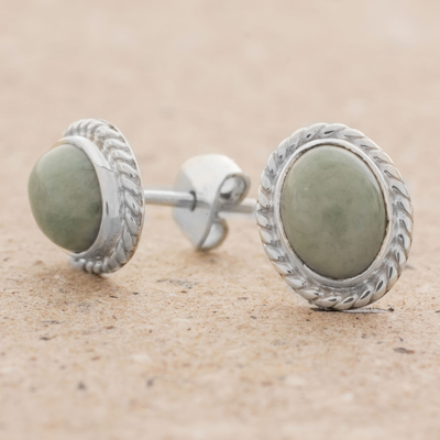 Jade stud earrings, 'Oval Lassos' - Light Green Jade Oval Stud Earrings from Guatemala