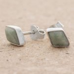 Jade stud earrings, 'Mayan Elegance in Light Green' - 925 Silver Light Green Jade Rhombus Earrings from Guatemala