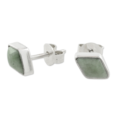 Jade stud earrings, 'Mayan Elegance in Light Green' - 925 Silver Light Green Jade Rhombus Earrings from Guatemala