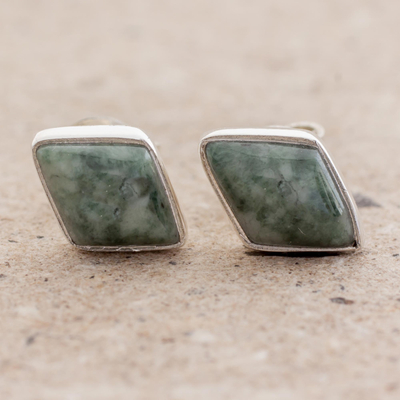 Jade stud earrings, 'Mayan Elegance in Green' - Green Jade and 925 Silver Rhombus Earrings from Guatemala