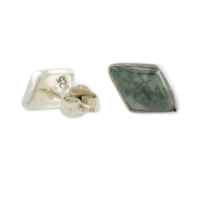 Jade stud earrings, 'Mayan Elegance in Green' - Green Jade and 925 Silver Rhombus Earrings from Guatemala