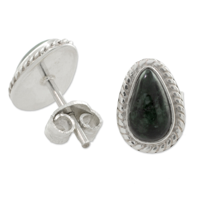 Jade stud earrings, 'Teardrop Lassos' - Green Jade and 925 Silver Teardrop Earrings from Guatemala
