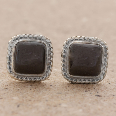 Jade stud earrings, 'Love Lassos in Black' - Black Jade Rope Motif Stud Earrings from Guatemala